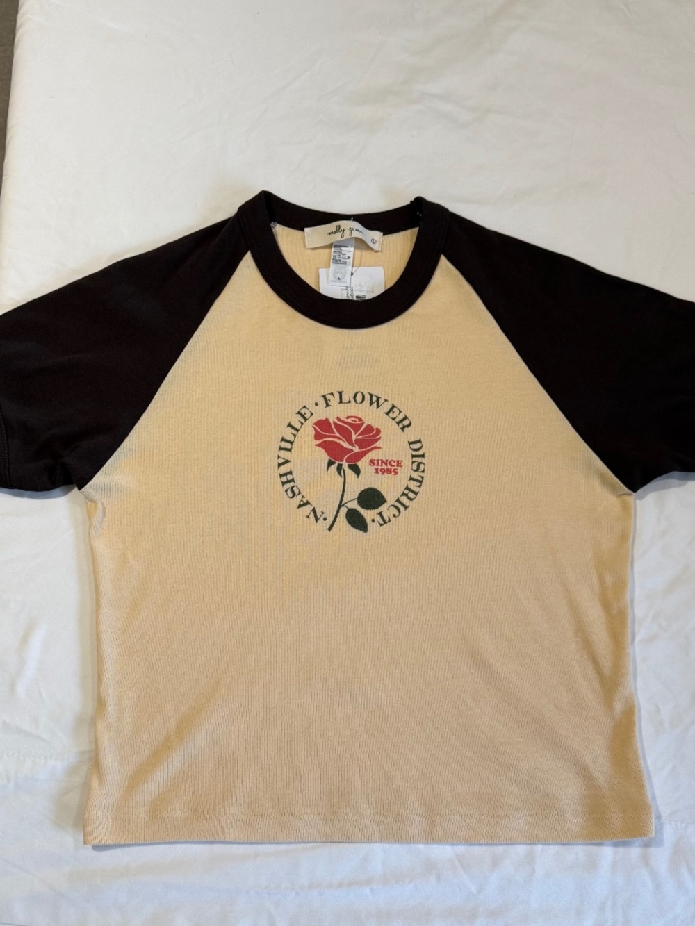 NWT Molly Green Nashville Flower District Baby Tee Raglan Brown Cream L